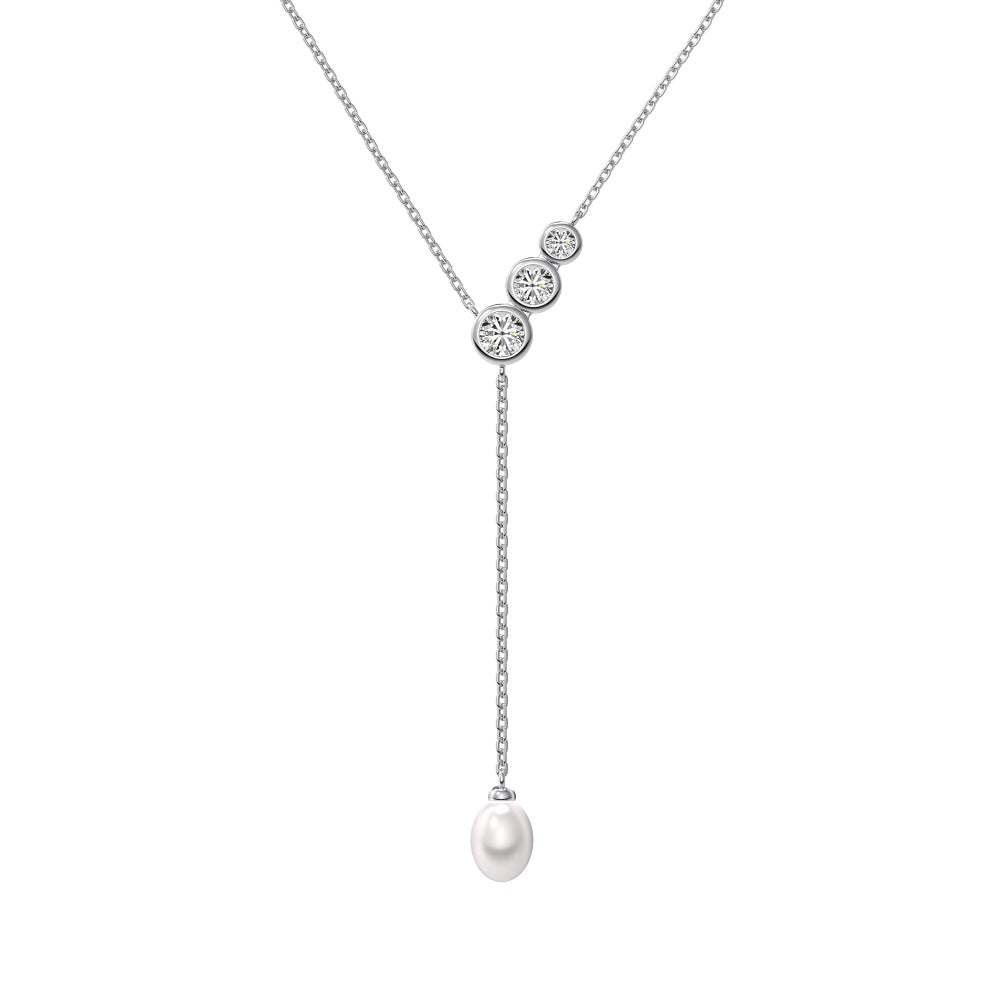 Lariat bridal necklace "Tiffany" in sterling silver with zirconia and pearl, silver