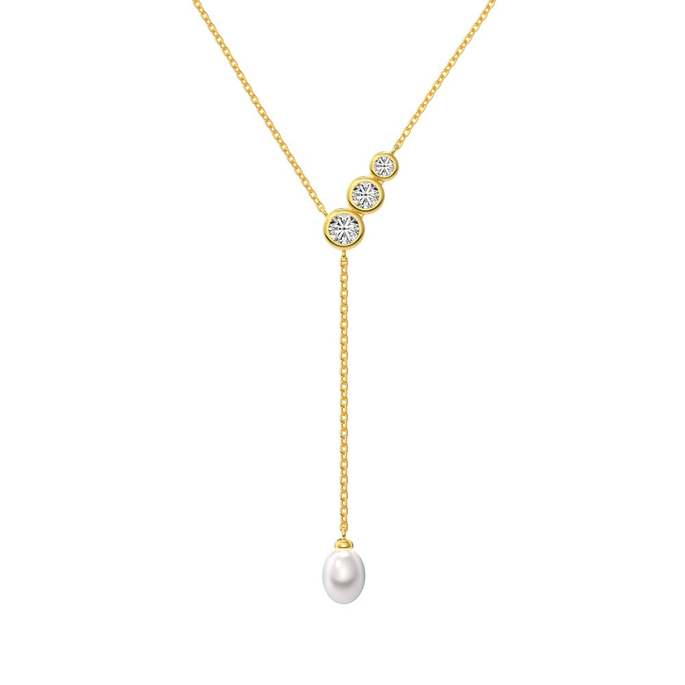 Lariat bridal necklace "Tiffany" in sterling silver with zirconia and pearl, gold.