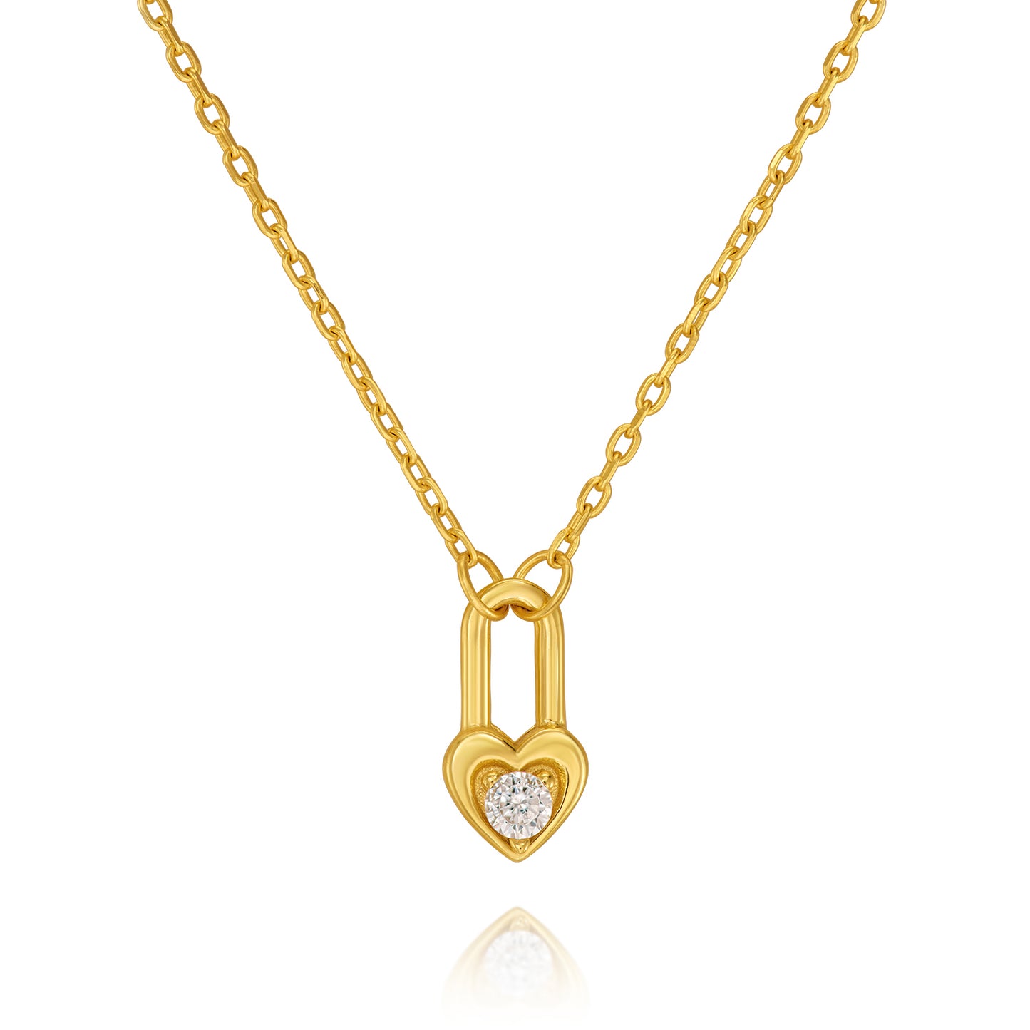 Cuore Forte Halskette aus 18K vergoldetem Sterling Silber mit herzförmigem Schlossanhänger und funkelndem Zirkonia-Stein. Eleganter Schmuck für Frauen, die stille Stärke ausstrahlen.