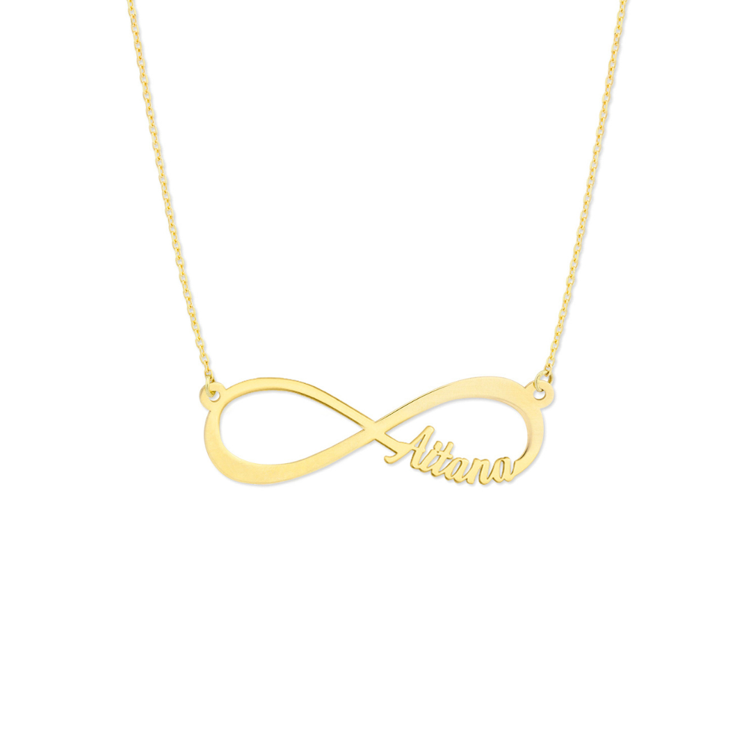 Personalized name necklace in 750 yellow gold with infinity sign pendant