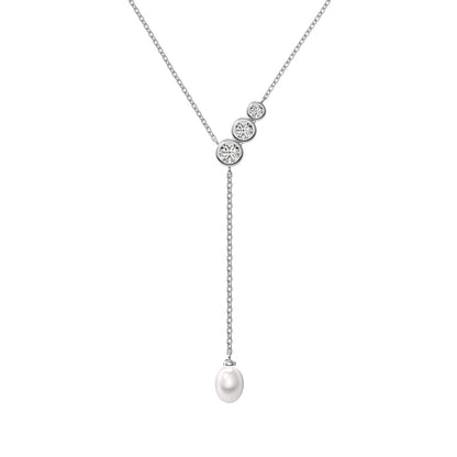 Lariat bridal necklace "Tiffany" in sterling silver with zirconia and pearl, silver