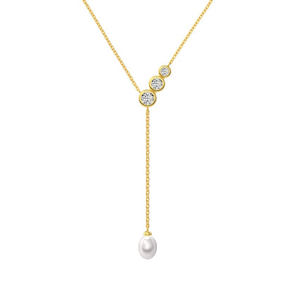 Lariat bridal necklace "Tiffany" in sterling silver with zirconia and pearl, gold.