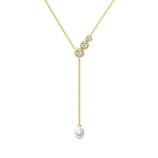 Lariat-Brautkette „Tiffany“ aus Sterling Silber mit Zirkonia und Perle, gold.
