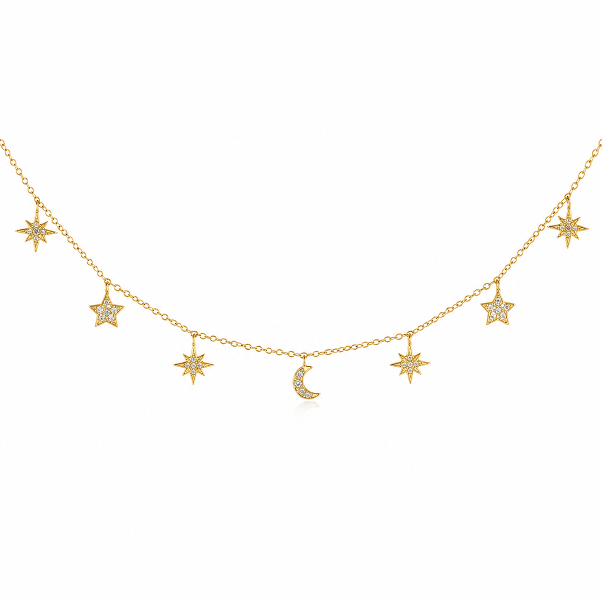 Cosmo Kette Gold mit Mond- und Sternanhängern und Zirkonia