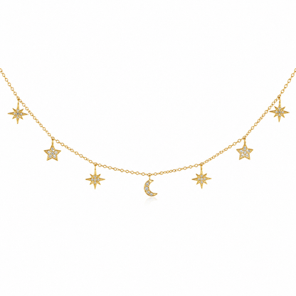 Cosmo Kette Gold mit Mond- und Sternanhängern und Zirkonia