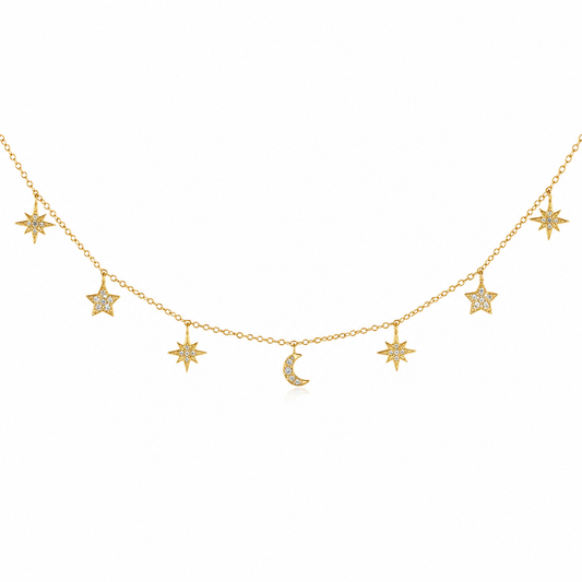 Cosmo Kette Gold mit Mond- und Sternanhängern und Zirkonia